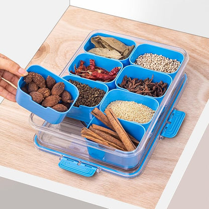 WACOI Divided Snack Serving Tray with Lid and Handle Travel Snackle Charcuterie Container Portable Storage Organizer for Candy, Fruits, Nuts, Snacks, Party, Picnic (1pack, Cerulean)
