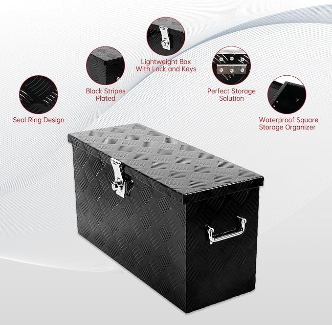 24'' Inch Stripes Plated ATV UTV Aluminum Tool Box Truck Bed Toolbox Waterproof Square Storage Organizer with Lock and Keys Black(‎24" L x 9.5" W x 12.5" H)