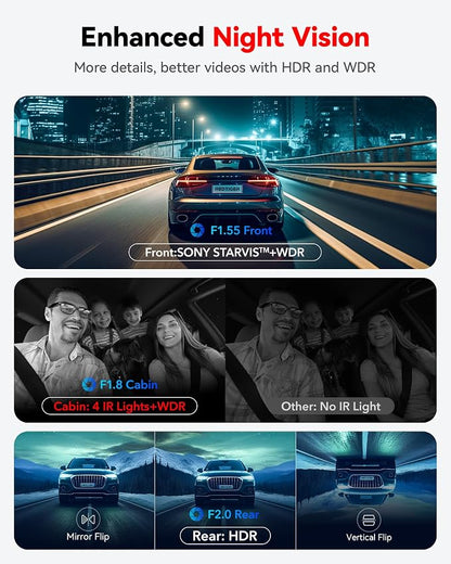 REDTIGER F17 & Acc, 4K 3 Channel Dash Cam, 5GHz WiFi Built-in GPS with 64GB Card, 2160P+1080P+1080P Front and Rear Inside, Triple Car Camera with 3 Inch Screen, IR Night Vision, G Sensor, WDR