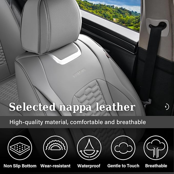 Coverado Seat Covers Full Set, Luxury Leather Car Seat Covers, Waterproof Automotive Car Seat Covers Universal Fit for Most Sedans, SUVs, Pick-up Trucks(Gray)