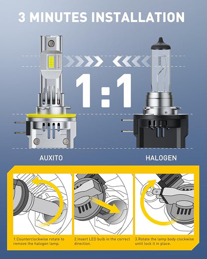 AUXITO H11B LED Bulb, 900% Ultra-Bright, 6500K White Light, Plug and Play, Long Lifespan, No Flicker, 99% Compatibility, 2PCS