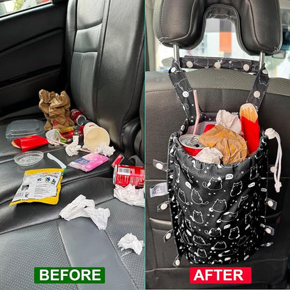 Leak-Proof Waterproof Car Trash Bag Foldable Multipurpose Trash bin Container Storage Cute Grocery Organizer Bag for Automotive Front or Back Seat in Cars SUVs and Trucks (Cute Cats)