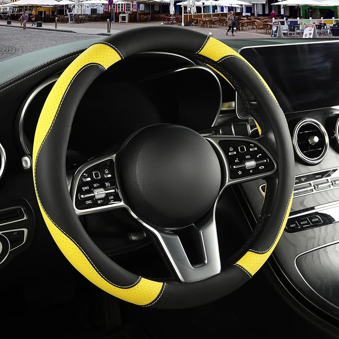Microfiber Leather Steering Wheel Cover, Breathable, Anti Slip, 13.5 inch to 14 inch, Black with Yellow