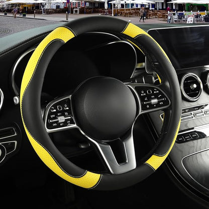 Microfiber Leather Steering Wheel Cover, Breathable, Anti Slip, 13.5 inch to 14 inch, Black with Yellow