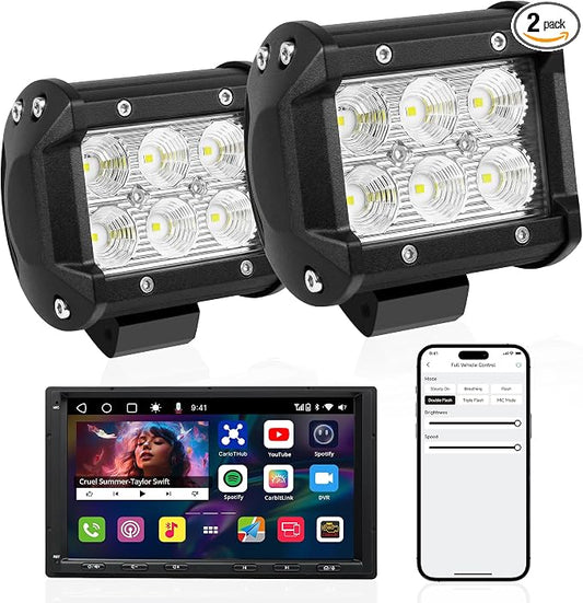 LED Pod Lights Flood Beam, Smart App Controlled Off Road Driving Lights Supports CarPlay/Android Auto, IP67 Waterproof 6000K White Lamps for Trucks, ATV, UTV, SUV, Boat (5.5 Inch)