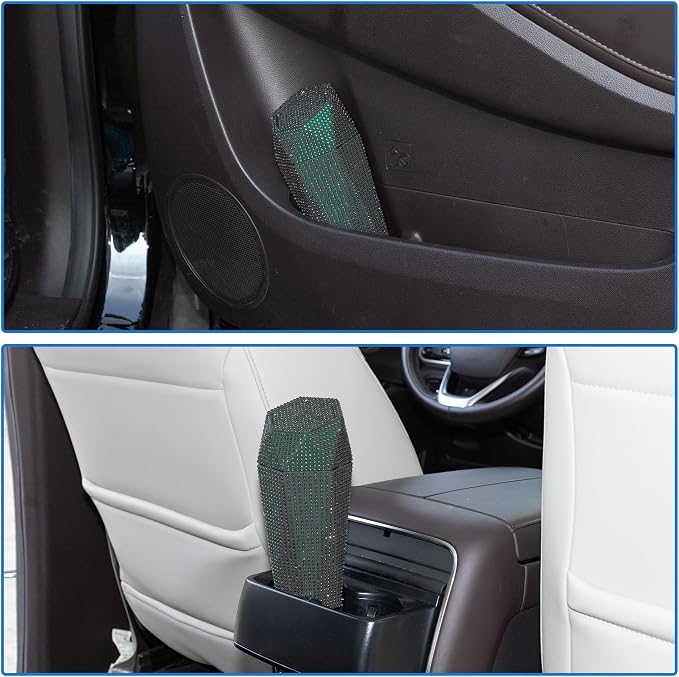 ACROPIX Car Trash Can Trash Bin Rhinestones Portable 3.5" Length 3.1" Width 7.9" Height Green Rhinestone Plastic