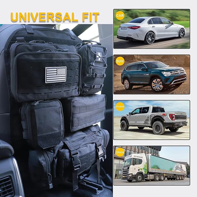 Universal Tactical Car Seat Back Organizer Bag Tactical Molle Vehicle Organizers Panel Vehicle Protector Organizers with 5 Detachable Pouches for Car Truck Ford Jeep (Upgraded C model Black)