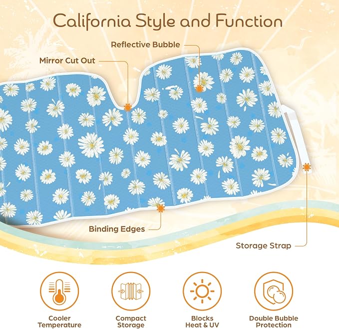 Carbella Blue Daisy Car Windshield Sun Shade - Sun Visor Sunshade for Car Windshield - Window Shades for Cars, SUV & Truck - Dash Cover UV Protection for Front Window Shade Accessories - 57" x 27"