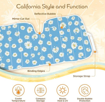Carbella Blue Daisy Car Windshield Sun Shade - Sun Visor Sunshade for Car Windshield - Window Shades for Cars, SUV & Truck - Dash Cover UV Protection for Front Window Shade Accessories - 57" x 27"