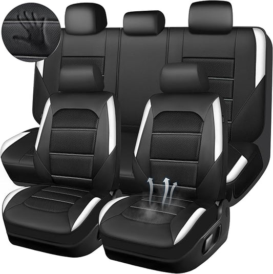 CAR PASS Memory 3D Foam Car Seat Covers Full Set, Breathable Mesh Thick Seat Covers for Cars,White Leather Seat Covers,Airbag Compatible Universal Automotive Comfort for SUVs Trucks SUV, Black White