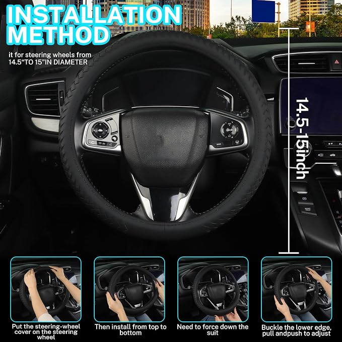 Leather Steering Wheel Cover Men，with Black Woven Pattern Car Accessories ，Anti-Slip, Safety, Soft, Breathable, Adaptable to 14.5-15 inches Steering Wheel Fit SUV， Jeep， Van，Sedan，Car