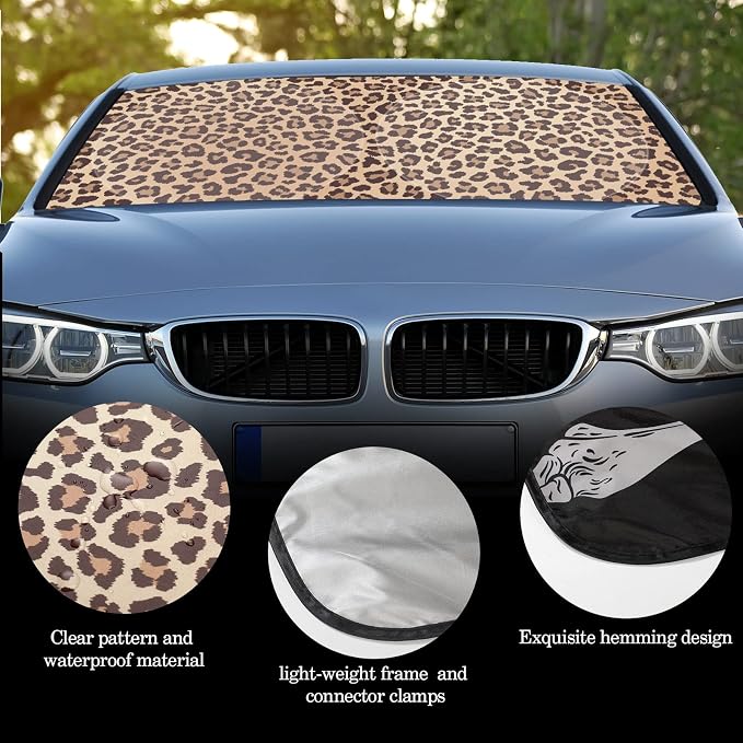 Windshield Sun Shade Foldable Car Front Window Covers for Car Accessories Sun Heat UV Rays Visor Protector Protection for Universal Cars SUV Truck(Nice Leopard)