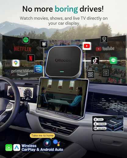 Ottocast E2 OttoAibox 2026 Car Streaming Box, Android 13 Smart AI Box with Netflix/YouTube, Wireless CarPlay Adapter, Car Video Player with Split-Screen