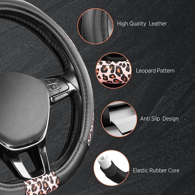 Road Comforts Steering Wheel Cover - Flat Bottom Wheel Cover Made with PVC Leather and Pink Leopard Fabric - Universal Fit for 15-Inch D-Shaped Automotive Steering Wheels (Pink Leopard)