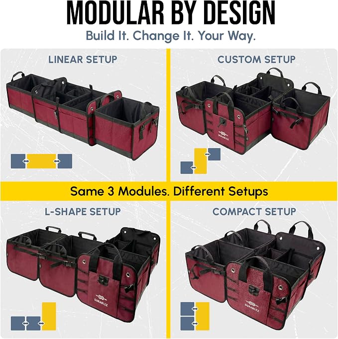 4-Section Trunk Organizer for SUV, Truck, Van, Sedan – Modular Extra Large Cargo Bin, Detachable Car Trunk Storage with Dividers, Collapsible Auto Organization System – Cherry