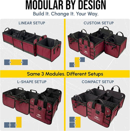5-Section Trunk Organizer for SUV, Truck, Sedan, Van – Modular Extra Large Cargo Storage Bin, Detachable Car Trunk Organizer with Dividers, Collapsible Auto Organization System – Cherry Red