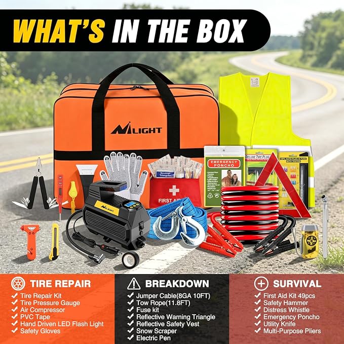 Nilight Car Emergency Kit with Jumper Cable, First Aid Kit Safety Assistance Tools for Travel Camping Outdoor Cars Truck SUV RV, Roadside Essentials with Flash Light
