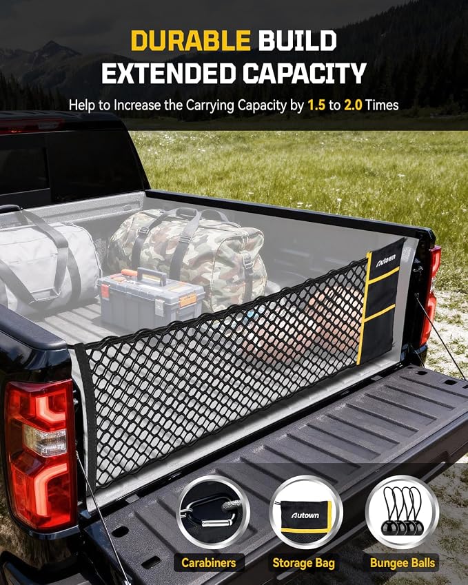 AUTOWN Truck Bed Cargo Net, Envelope Bed Netting for 2013-2025 GMC Sierra & Chevy Silverado, Pickup Truck Bed Organizer with 5mm Bungee & Integrated Storage Bag & Bungee Balls & Carabiners - 18" x 50"