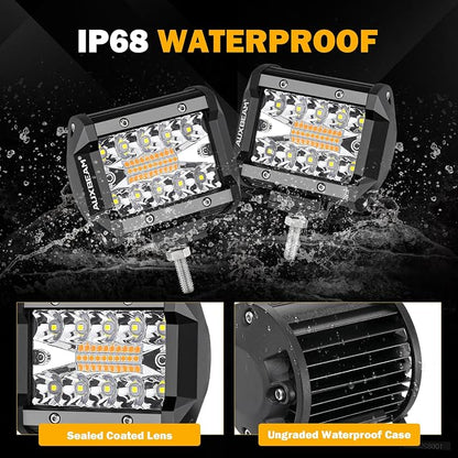Auxbeam 4 Inch 240W LED Pods, Amber White Fog Light 6 Modes Strobe Lights for Work Truck, Dual Color Combo Offroad Driving Light for Jeep ATV Utv Car, 4 Packs