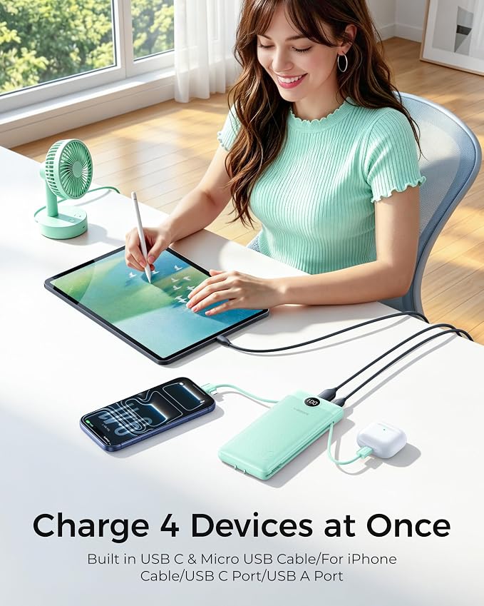 VEGER Portable Charger with Built-in AC Plug and Cables, All in One 10000mAh Ultra Slim Power Bank Emergency Fast Charging for Travel Battery Pack Compatible with iPhone, Samsung, Android, Green