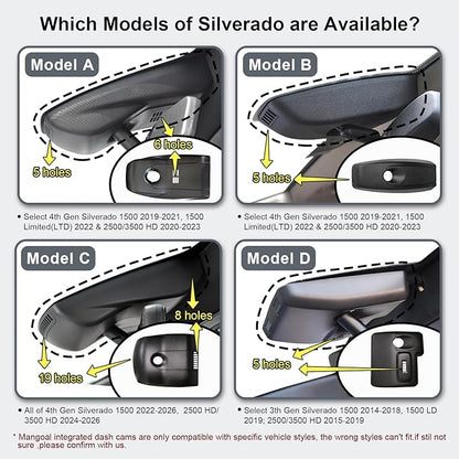 Mangoal 4K Dash Cam fit for Chevy Silverado 1500 2019-2021, 1500 Limited 2022 and HD 2020-2023 (Model A), Model A & Model B Have Same Models Years but Vehicle Sensor Cover are Different