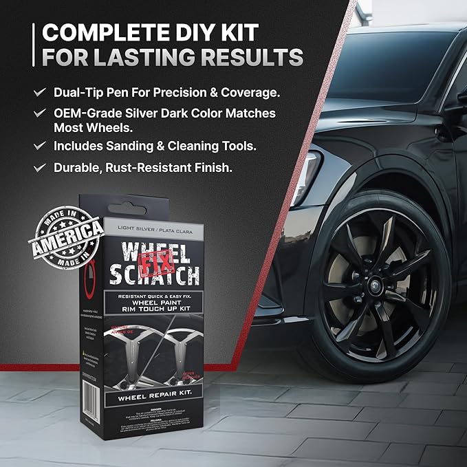 Wheel Scratch Fix® Silver Touch Up Paint for Cars - DIY Alloy Wheel Repair Kit, Curb Rash Remover with Fast-Drying Pen - Long-Lasting OEM Finish Car Rim Paint for Scuffs and Chips at Home (Light Silver)