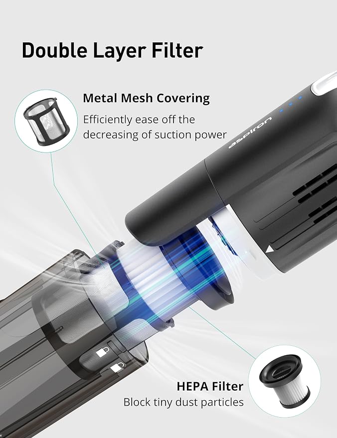 Aspiron Cordless Handheld Vacuum, 24KPA Powerful Car Vacuum, 2-Speed, 2 Charging Methods, Wireless Charger, Ergonomic Handle, Portable Rechargeable Vacuum Cleaner for Car, Home, Black Grey