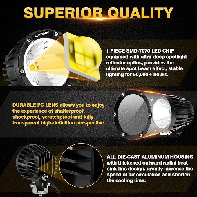 Auxbeam C4 Series Spot Beam Round LED Off-Road Light Pods 4-Inch 72W | Long distance spot lights, 4x4 automotive offroad lighting, Hood hinge bumper a-pillar mount, Auxiliary ditch light bars