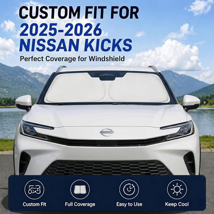 Custom Fit Windshield Sun Shade for Nissan Kicks 2025-2026 | Perfect Vehicle Fit, Cooler Interior, Blocks UV Rays, Stronger Frame, Easy Fold & Store