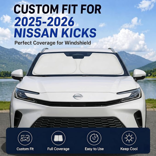 Custom Fit Windshield Sun Shade for Nissan Kicks 2025-2026 | Perfect Vehicle Fit, Cooler Interior, Blocks UV Rays, Stronger Frame, Easy Fold & Store