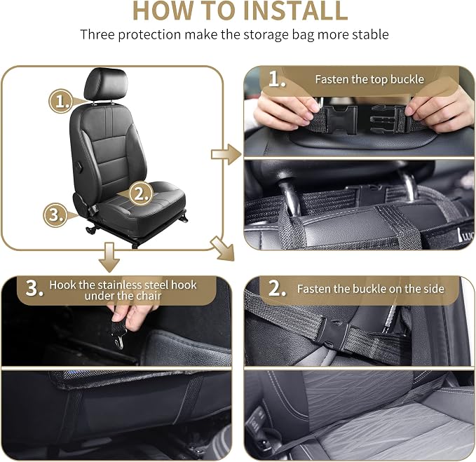 LUCMO Car Backseat Organizer with Tablet Holder,6 Storage Pockets Car Storage Organizer with Foldable Food Tray,Protectors Kick Mats Travel Accessories-Black