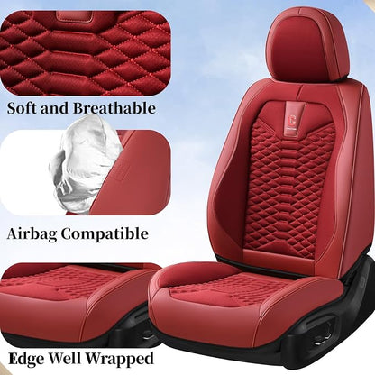 Coverado Car Seat Covers Full Set, Red Seat Covers for Cars 5 Seats, Breathable Fabric& Faux Leather Car Seat Cushions, Front and Rear Car Seat Protectors, Universal Seat Covers Fit for Most Vehicles