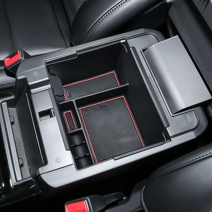 2020-2025 2026 Ford Explorer Console Organizer Tray Compatible with 2020+ Explorer Accessories, Easy Access to Charging Port, Armrest Storage Box with Coin Holder & Rubber Mats, Red Trim