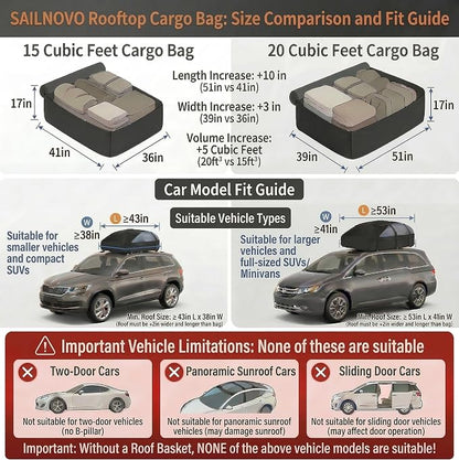 Sailnovo Soft Car Rooftop Cargo Carrier Roof Bag 15 Cubic Feet Waterproof Car Top Carrier, Fits Most Vehicle with/Without Rack, Include Anti-Slip Mat,4 Reinforced Straps,4 Door Hooks