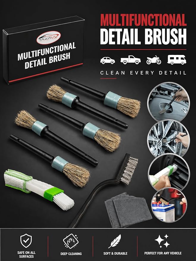 TAKAVU Car Detailing Brush Kit, 10 Piece Boar Hair Detail Brush Set for Car Interior and Engine Bay Cleaning, Auto Detailing Brushes with Wire Brushes and Microfiber Towel