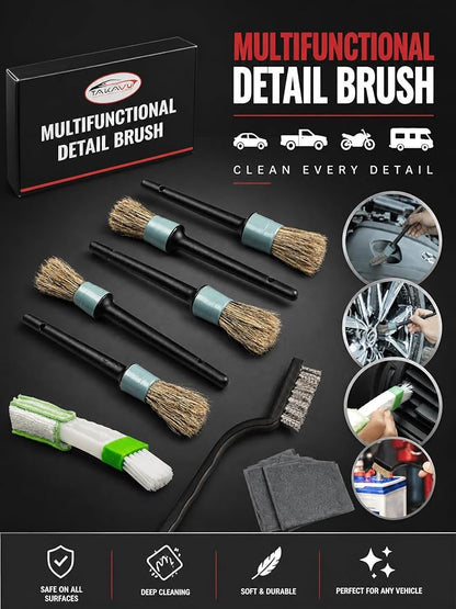TAKAVU Car Detailing Brush Kit, 10 Piece Boar Hair Detail Brush Set for Car Interior and Engine Bay Cleaning, Auto Detailing Brushes with Wire Brushes and Microfiber Towel