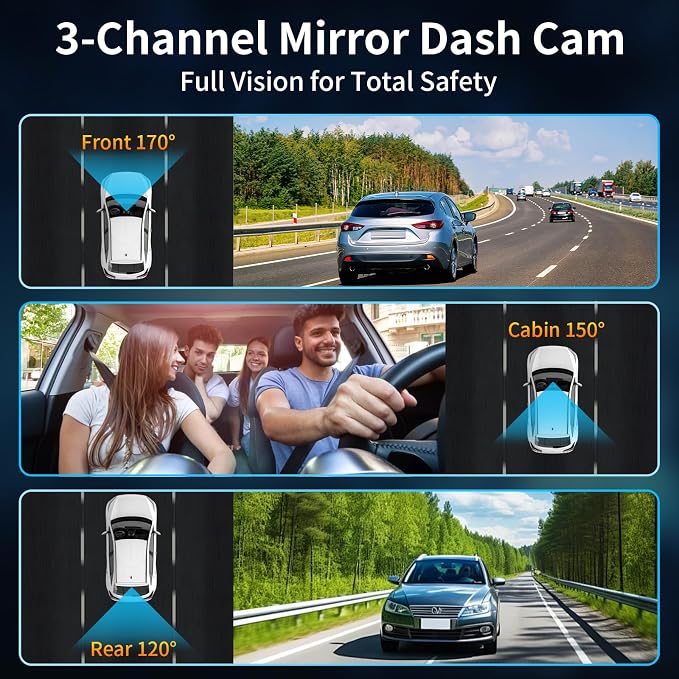 3 Channel Mirror Dash Camera, 4K/3K+2.5K/1080p+1080p Rear View Mirror Camera with GPS, APP Control, WDR Night Vision, G-Sensor, Loop Recording, 24 Hours Parking Monitor, 64GB Card Included