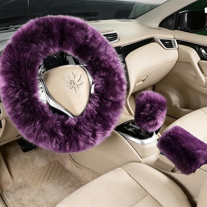 Fuzzy Genuine Sheepskin Steering Wheel Cover Set for Women Parents-Fluffy Soft Australian Merino Wool Wrap with Gear Shift and Hand Brake Covers, Cozy Stylish Luxury Car Accessories (Lavender Purple)