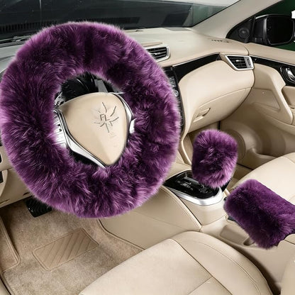 Fuzzy Genuine Sheepskin Steering Wheel Cover Set for Women Parents-Fluffy Soft Australian Merino Wool Wrap with Gear Shift and Hand Brake Covers, Cozy Stylish Luxury Car Accessories (Lavender Purple)