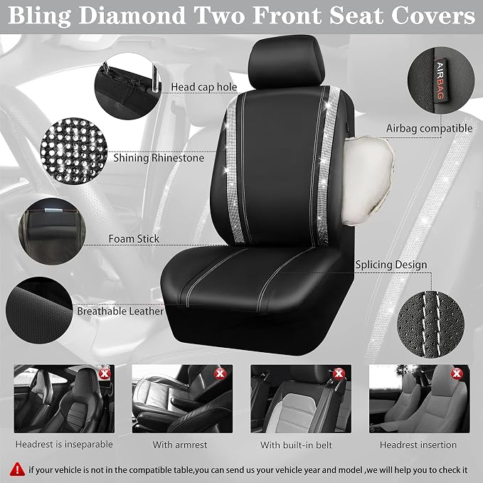 CAR PASS Rhinestone Bling Diamond Car Seat Covers Leather Shining Car Floor Mats Carpet Waterproof Anti-Slip Nibs Car Accessories Interior Sets for Women Silver Glitter White Sparkly Crystal