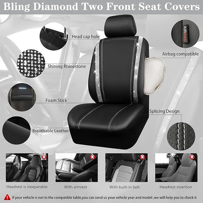 CAR PASS Rhinestone Bling Diamond Car Seat Covers Leather Shining Car Floor Mats Carpet Waterproof Anti-Slip Nibs Car Accessories Interior Sets for Women Silver Glitter White Sparkly Crystal