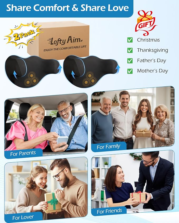 Lofty Aim Car Neck Pillow: 2 Pack Ergonomic Memory Foam Headrest Pillow for Driving, Adjustable Neck Support Cushion for Pain Relief, Head Rest Pillows for Car Seat, Truck - Black