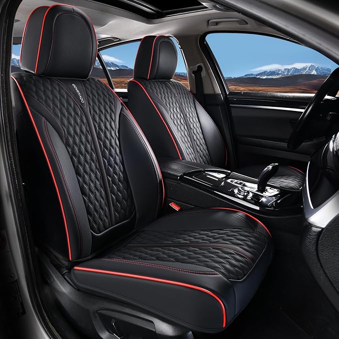 Coverado Car Seat Covers Full Set, Nappa Leather Seat Covers for Cars, Waterproof Front Seat Covers and Back Seat Covers, Car Seat Protector, Car Seat Cover Universal Fit for Most Cars, Black&Red
