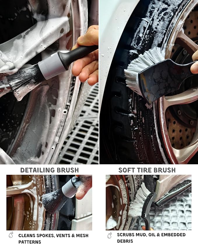oesee 8PCS Pro Wheel Cleaning Kit - Synthetic Wool Brushes, Detailing Brush, Tire Brush, Wash Mitt, Drying Towel & Carry on Bag - Scratch-Free Rim Cleaning Kit