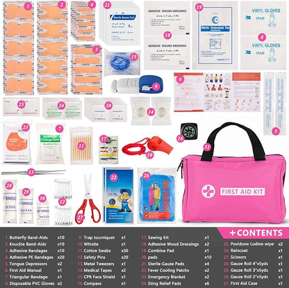 Car Emergency Kit with Portable Air Compressor - Roadside Assistance Emergency Kit with Jumper Cables, First Aid Kit, Auto Tool Set, Winter Safety Kit for Women, Men, Teen (Pink)