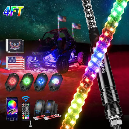 Nilight 2PCS 4FT RGB LED Whip Light and 4 PCS Rock Lights Combo, Remote & App Control w/DIY Chasing Patterns Stop Turn Reverse Safety Antenna Lighted Whips for ATV UTV