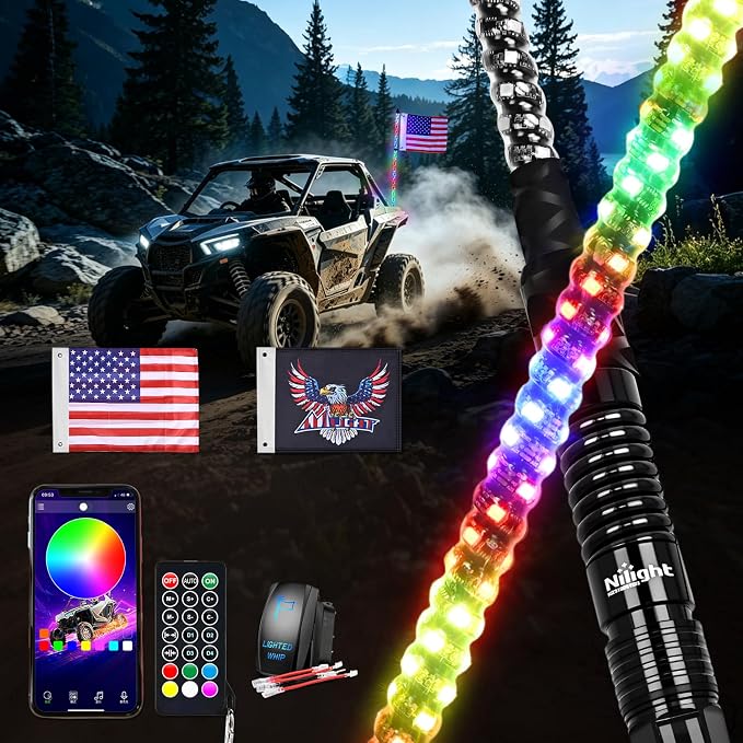 Nilight LED Whip Light 1PC 4FT Spiral RGB Antenna Whips with Spring Base, App/Remote Control DIY Chasing Patterns Brake & Reverse Lights for Side by Side ATV UTV RZR Can-Am Buggy Jeep