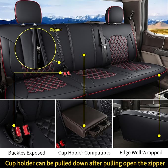 Huidasource F150 Rear Seat Covers, Split Back Leather Seat Cushion Cover Fit for 2015-2025 Ford F150 SuperCrew & 2017-2025 F250 F350 F450 Super Duty Crew Cab Pickup Truck (Back Row/Black&Red)
