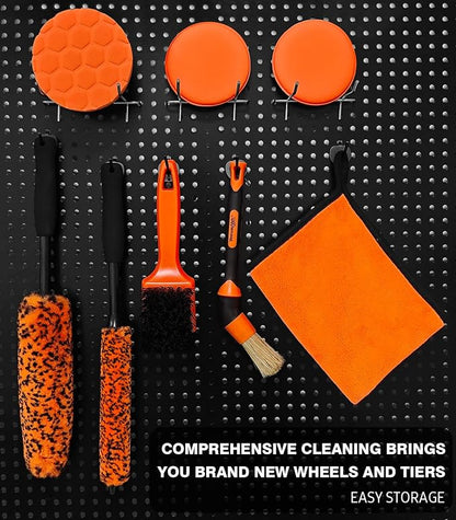 YeewayVeh 8PCS Ultimate Wheel and Tire Brush Kit | 2-Size 360° Bendable Wheel Brushes, Boar Hair Detailing Brush, Tire Shine Applicators & Microfiber Towel, Car Wheel Detailing Cleaning Supplies Kit