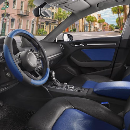 SEG Direct Car Steering Wheel Cover for Prius Civic Model 3 Model Y Camaro, Small Size 14-14.25 inch, Black and Blue Microfiber Leather